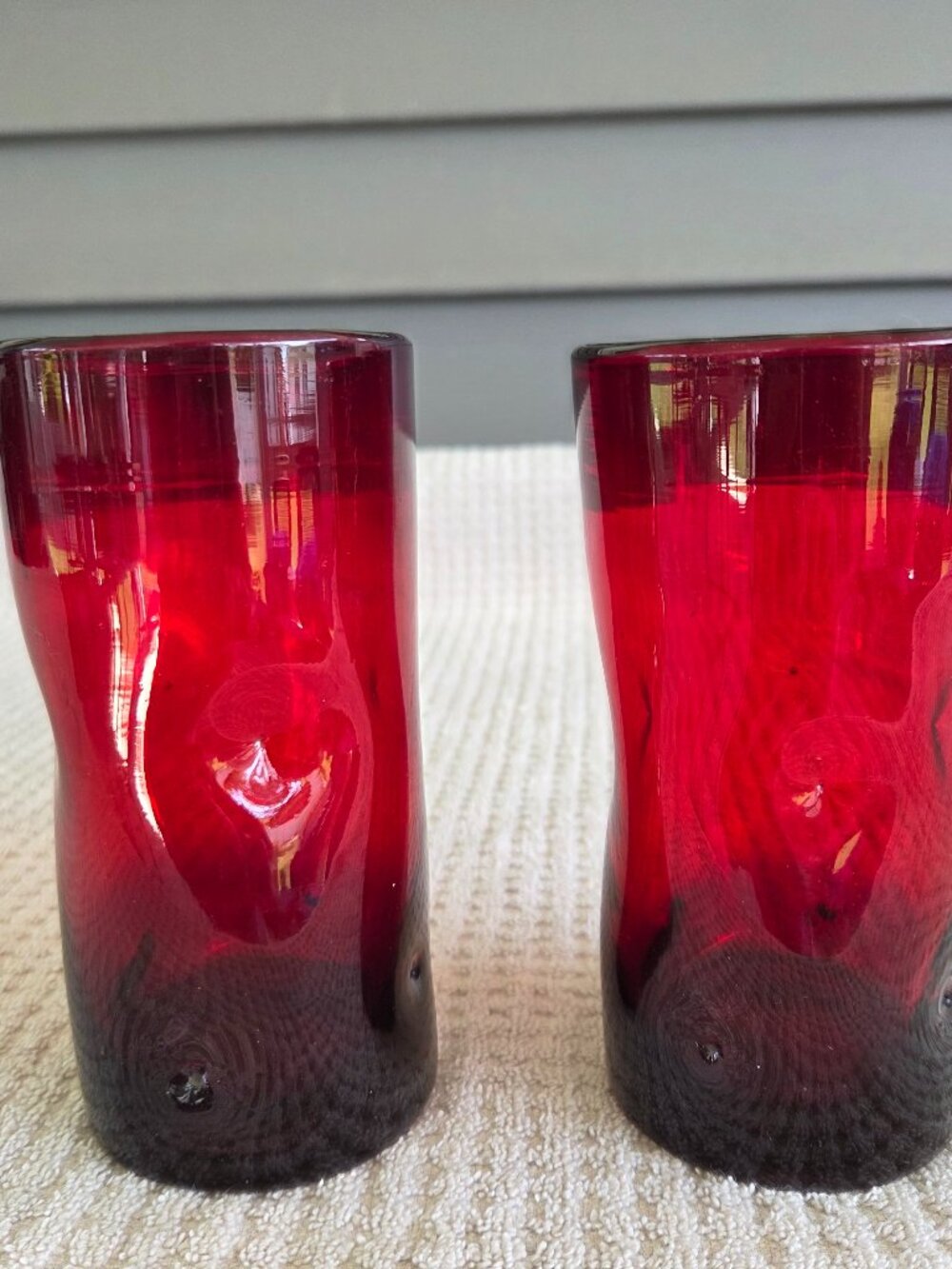 Ruby Red Dimpled Pinched Blenko Glasses Tumblers x 2 6" Tall 1950's MCM